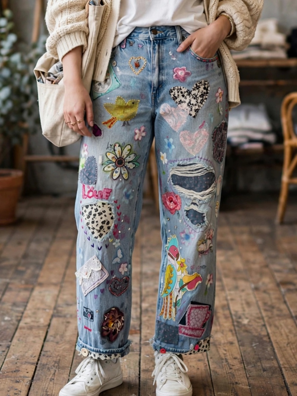 Embellished Light Blue Women's Patchwork Levi’s jeans model Baggy Dad